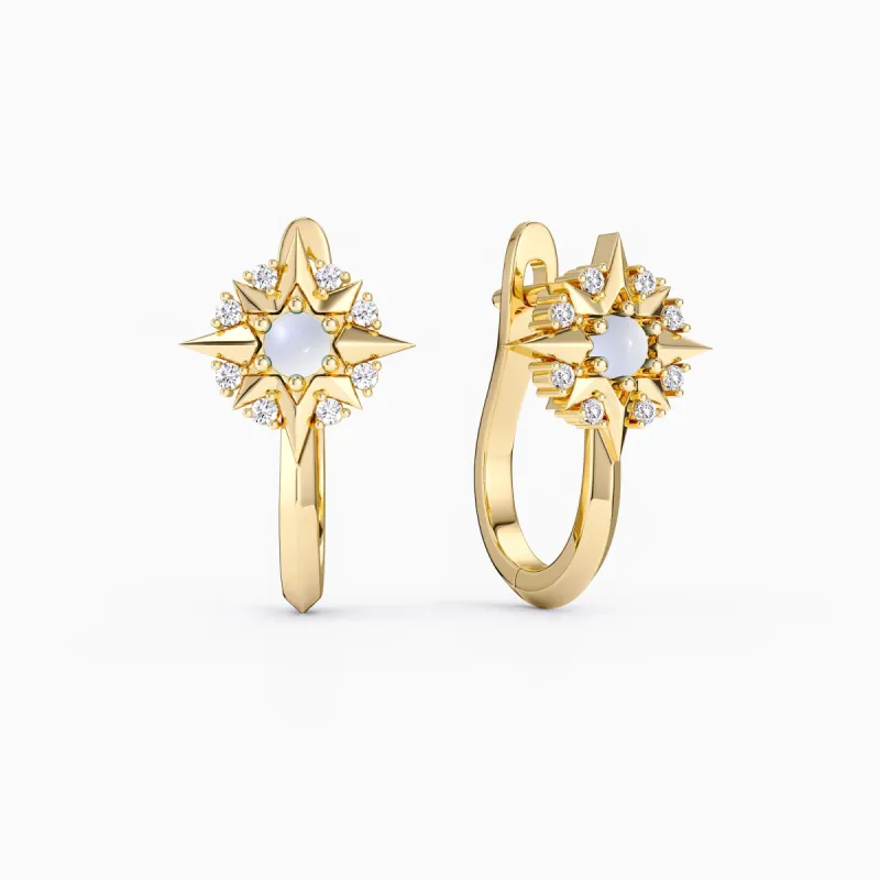 Ad Astra Per Aspera North Star Moonstone CZ Hoop Earrings sold by Vanimy Jewelry