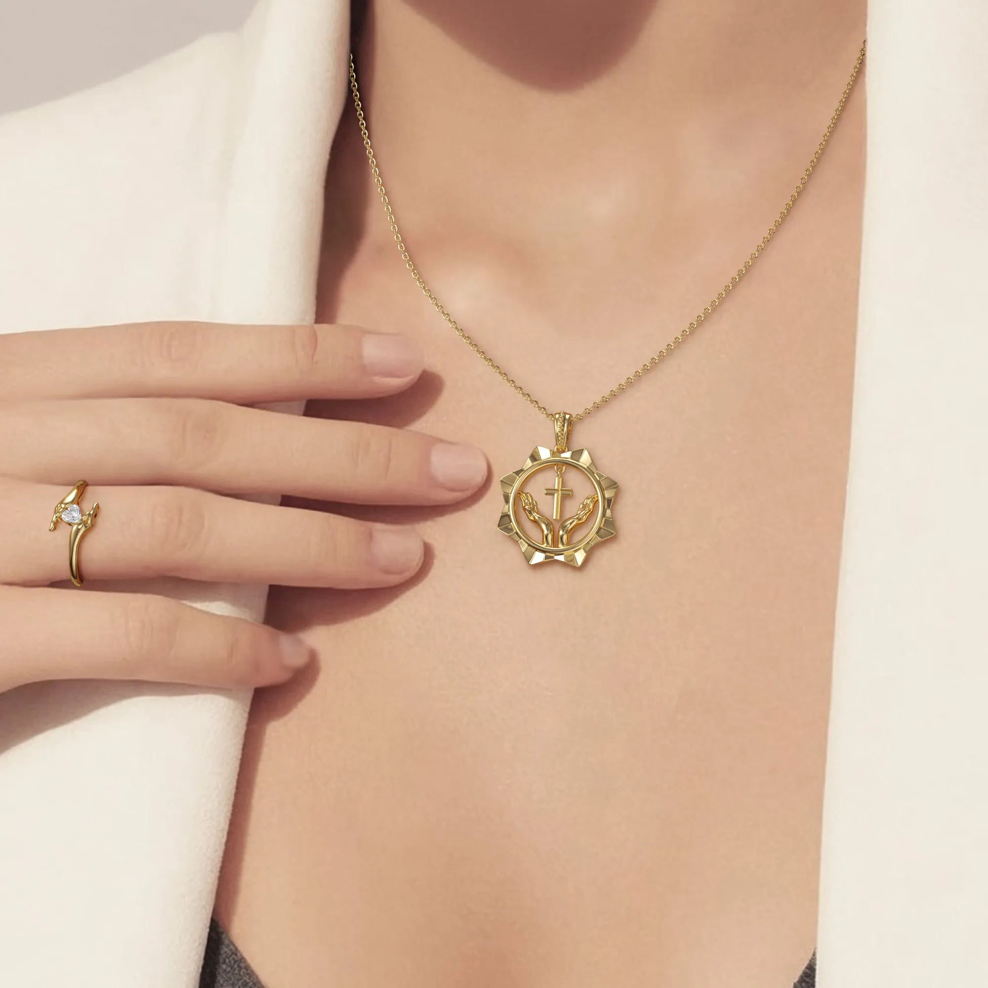 Divine Radiance Praying Hands Cross Pendant Necklace sold by Vanimy Jewelry product image thumbnail 2