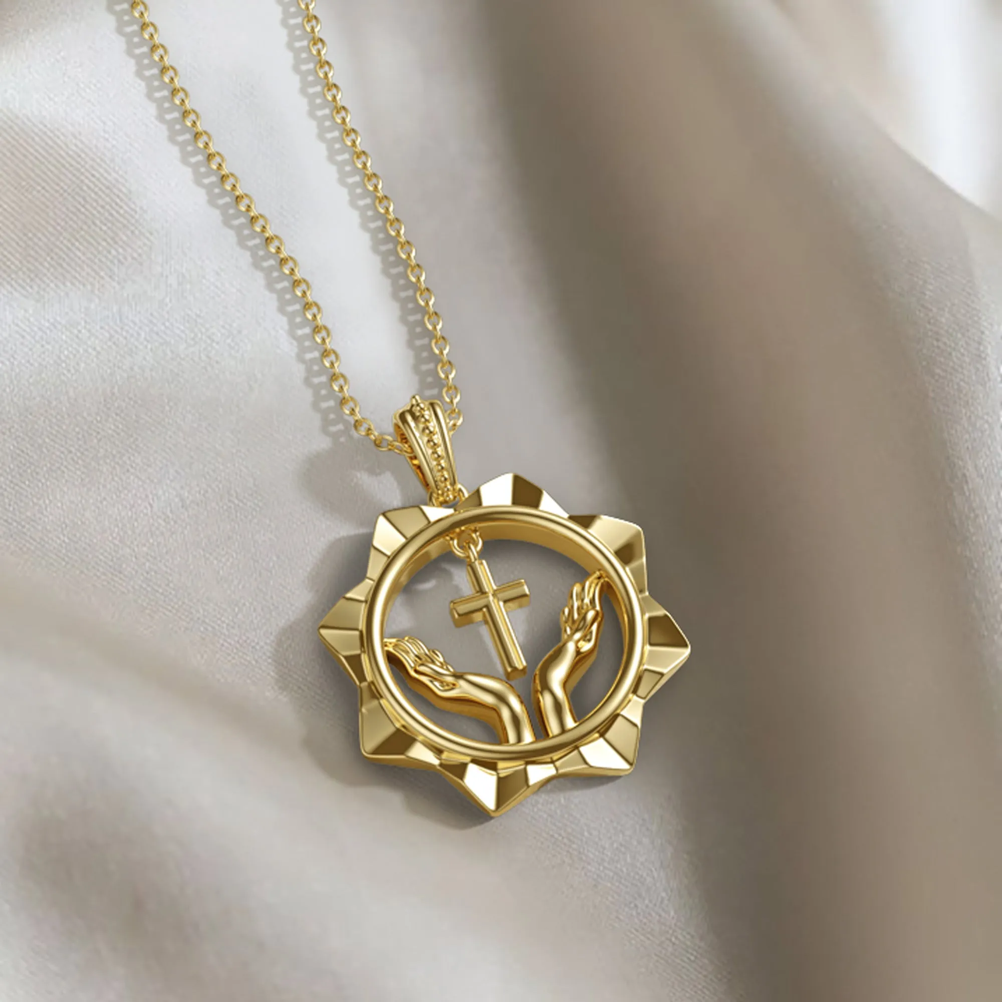 Divine Radiance Praying Hands Cross Pendant Necklace sold by Vanimy Jewelry product image thumbnail 4