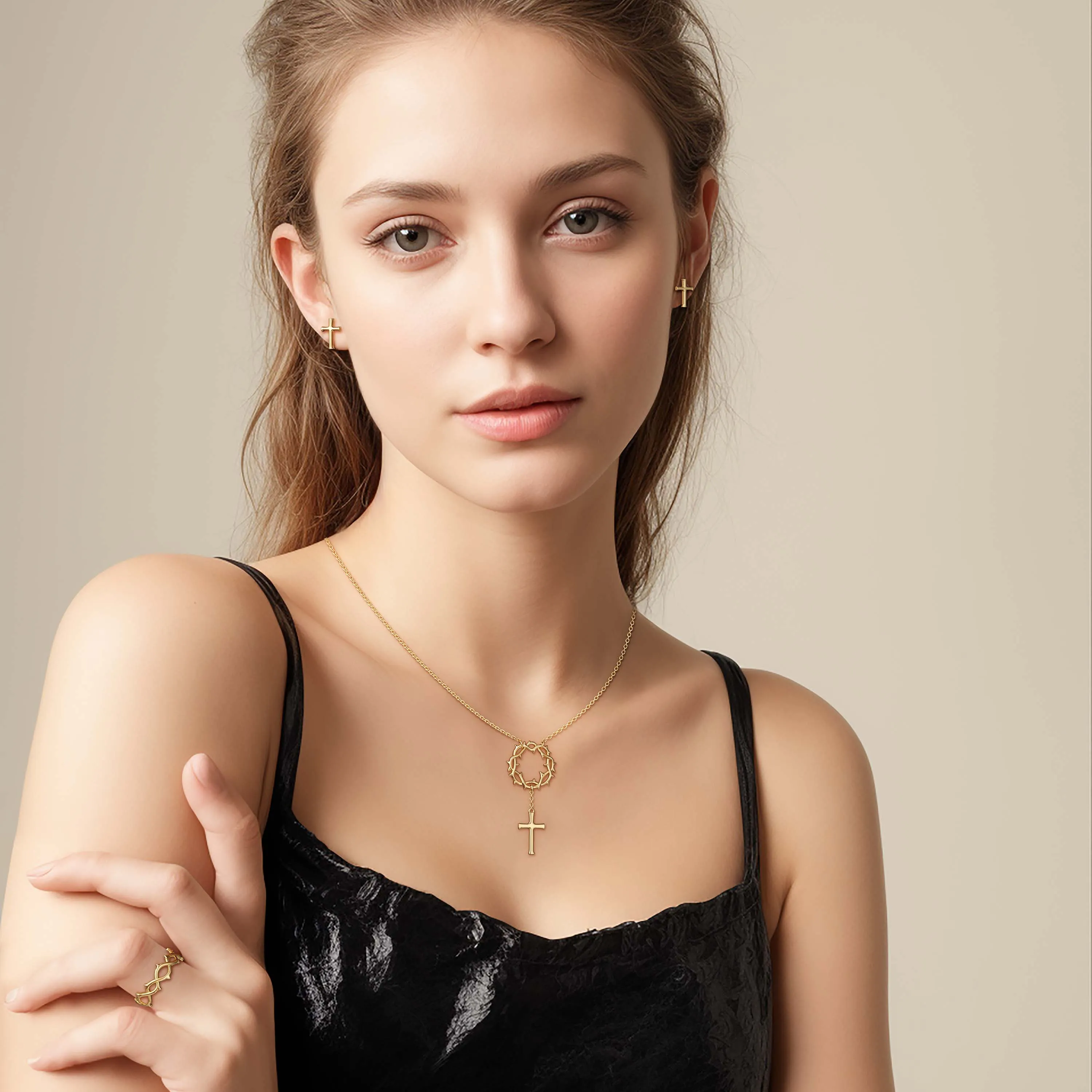 Crown of Thorns Cross Necklace sold by Vanimy Jewelry product image thumbnail 2