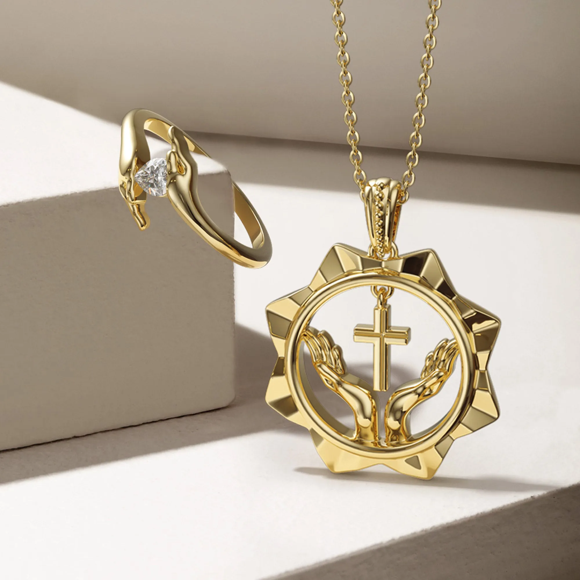 Divine Radiance Praying Hands Cross Pendant Necklace sold by Vanimy Jewelry product image thumbnail 5