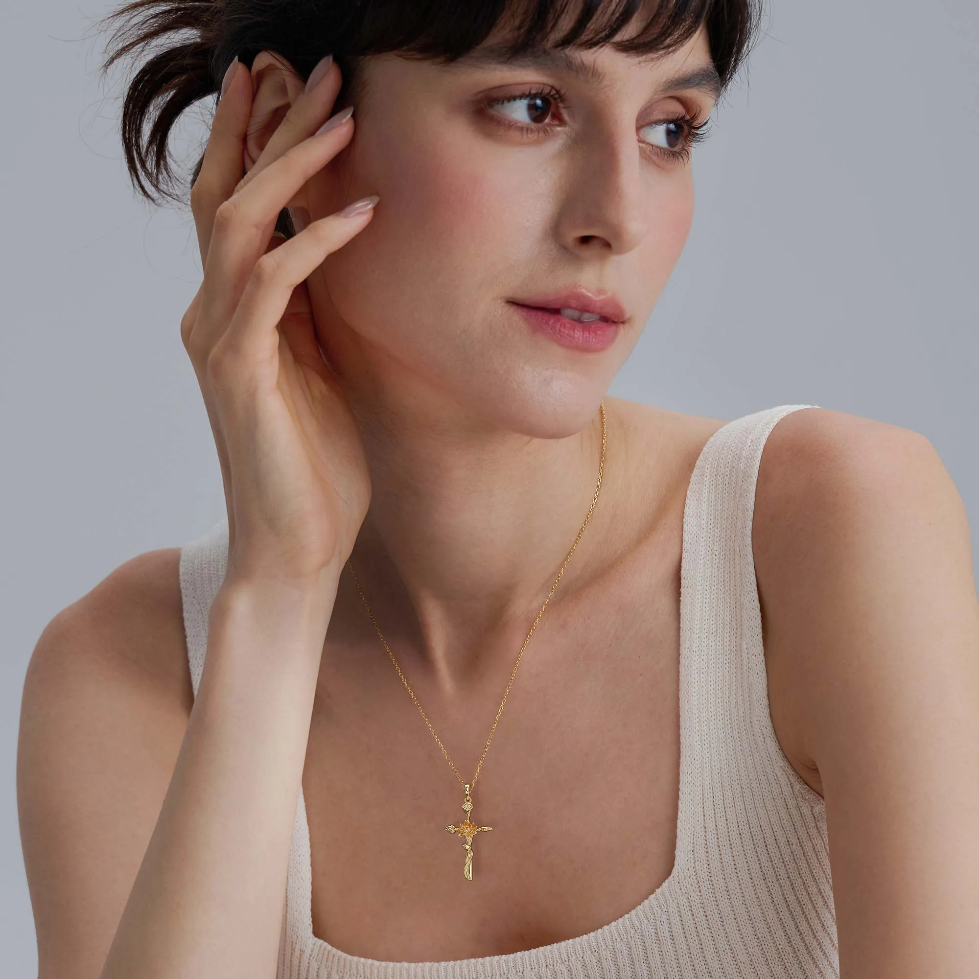 Floral Cross July Water Lily Birth Flower Necklace sold by Vanimy Jewelry product image thumbnail 3
