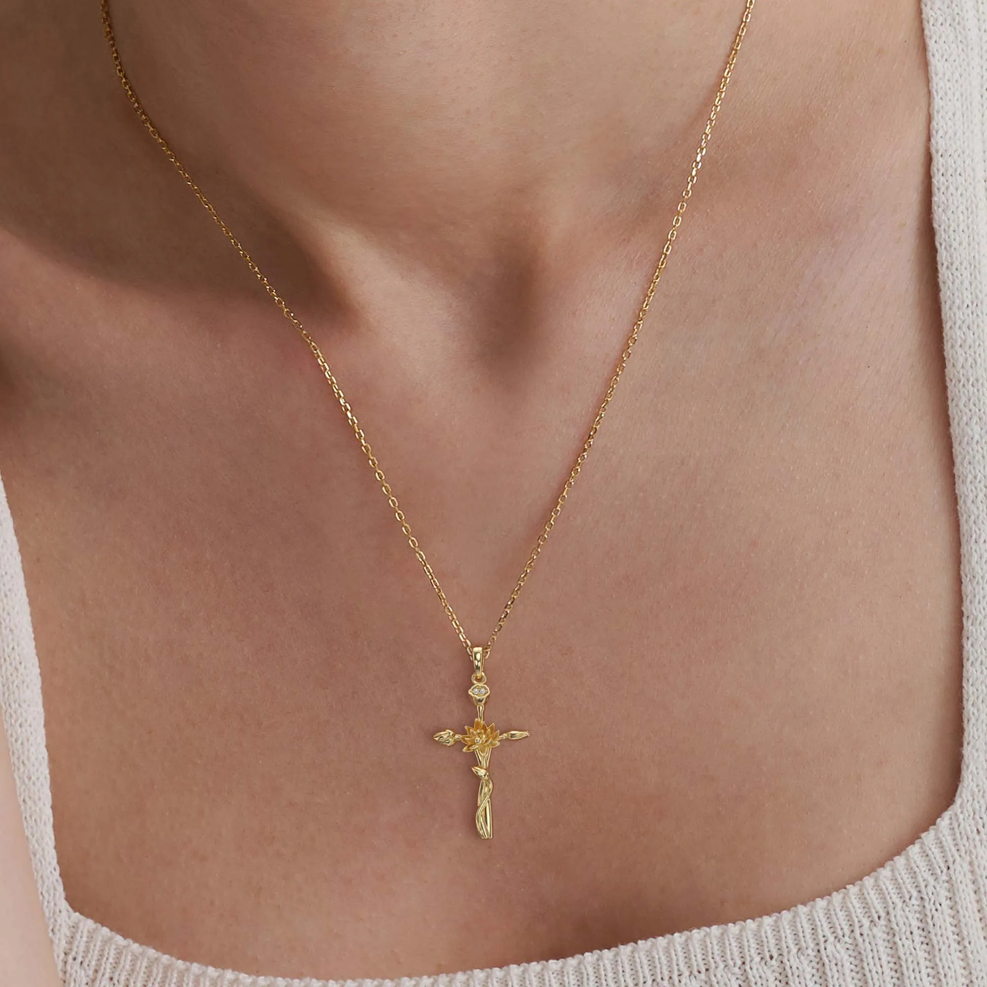 Floral Cross July Water Lily Birth Flower Necklace sold by Vanimy Jewelry product image thumbnail 2