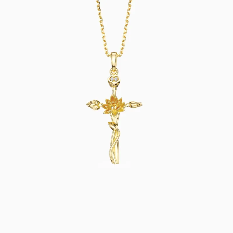 Floral Cross July Water Lily Birth Flower Necklace sold by Vanimy Jewelry