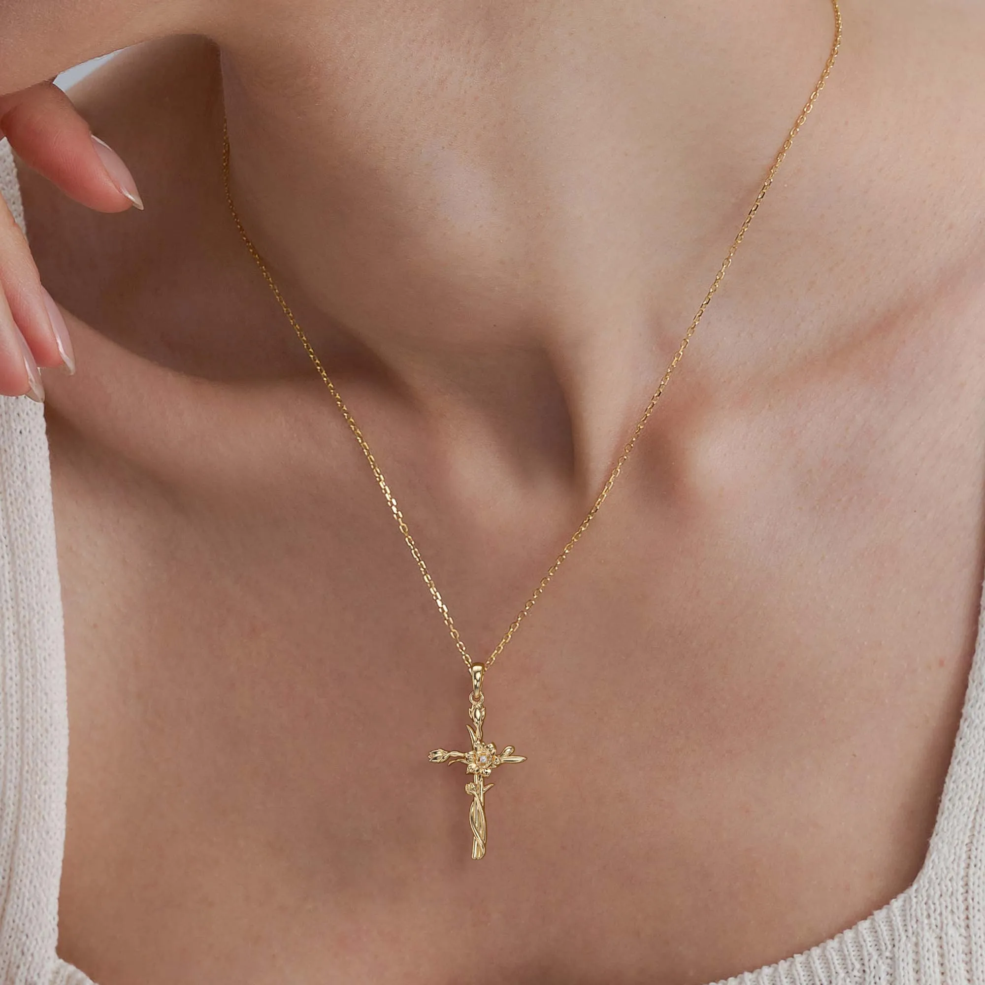 Floral Cross March Daffodils Birth Flower Necklace sold by Vanimy Jewelry product image thumbnail 2