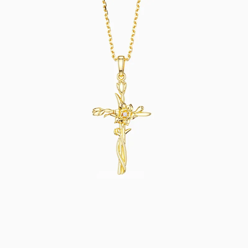 Floral Cross March Daffodils Birth Flower Necklace sold by Vanimy Jewelry