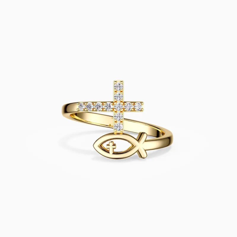 Customized Pray Jesus Fish And Cross Ring sold by Vanimy Jewelry