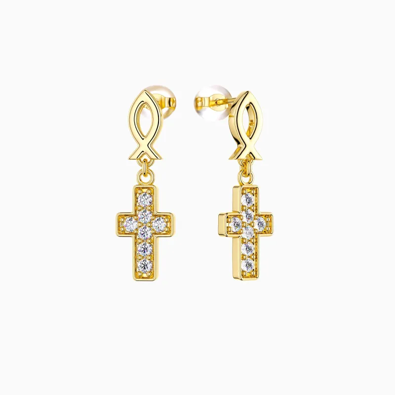 Ichthys Cross Dangle Stud Earrings sold by Vanimy Jewelry