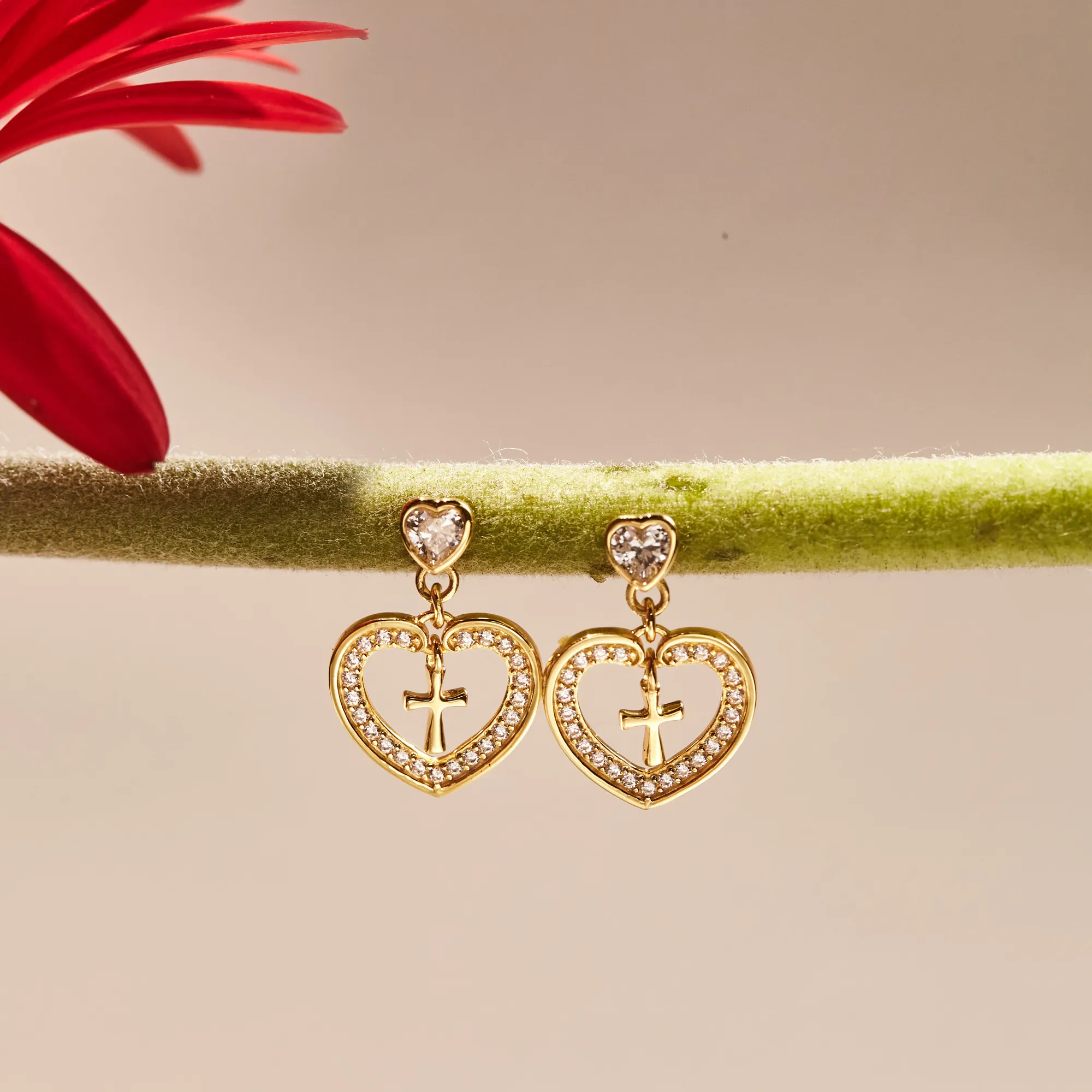 Divine Love Dangling Cross Heart Bezel Earrings sold by Vanimy Jewelry product image thumbnail 4