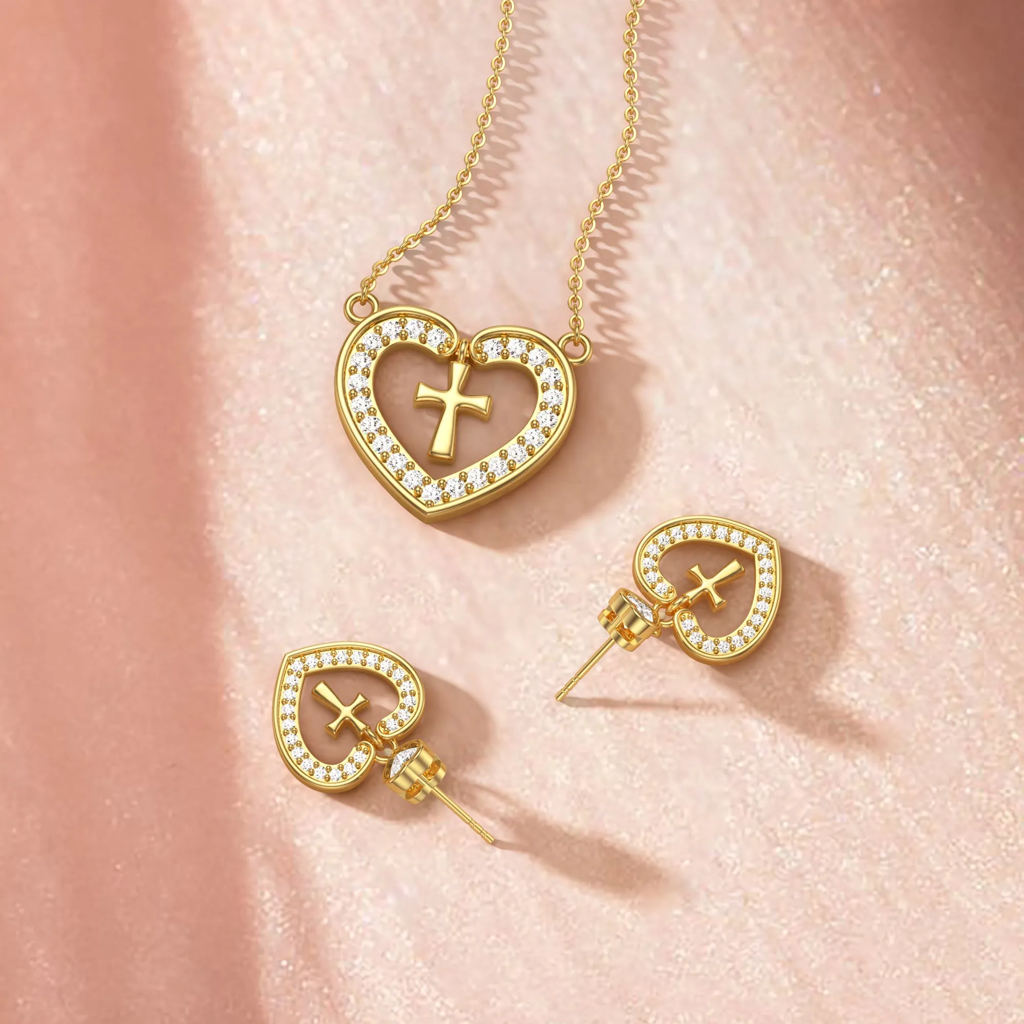 Divine Love Dangling Cross Heart Bezel Earrings sold by Vanimy Jewelry product image thumbnail 5