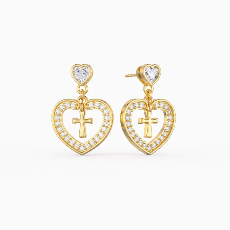 Divine Love Dangling Cross Heart Bezel Earrings sold by Vanimy Jewelry
