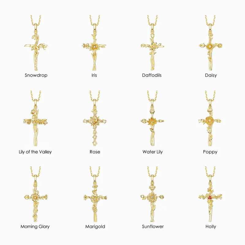 Birth Flower Cross Pendant Necklace sold by Vanimy Jewelry