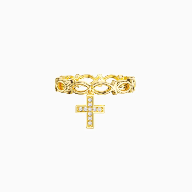 Ichthys Band Dangling Cross Ring sold by Vanimy Jewelry