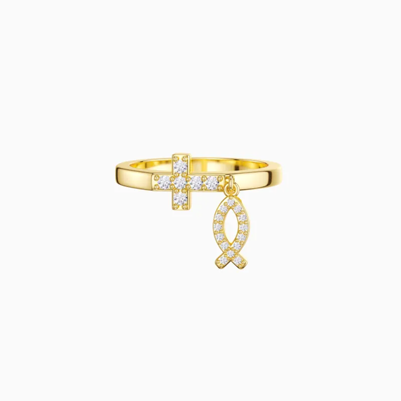 Dangling Ichthys Cross Ring sold by Vanimy Jewelry