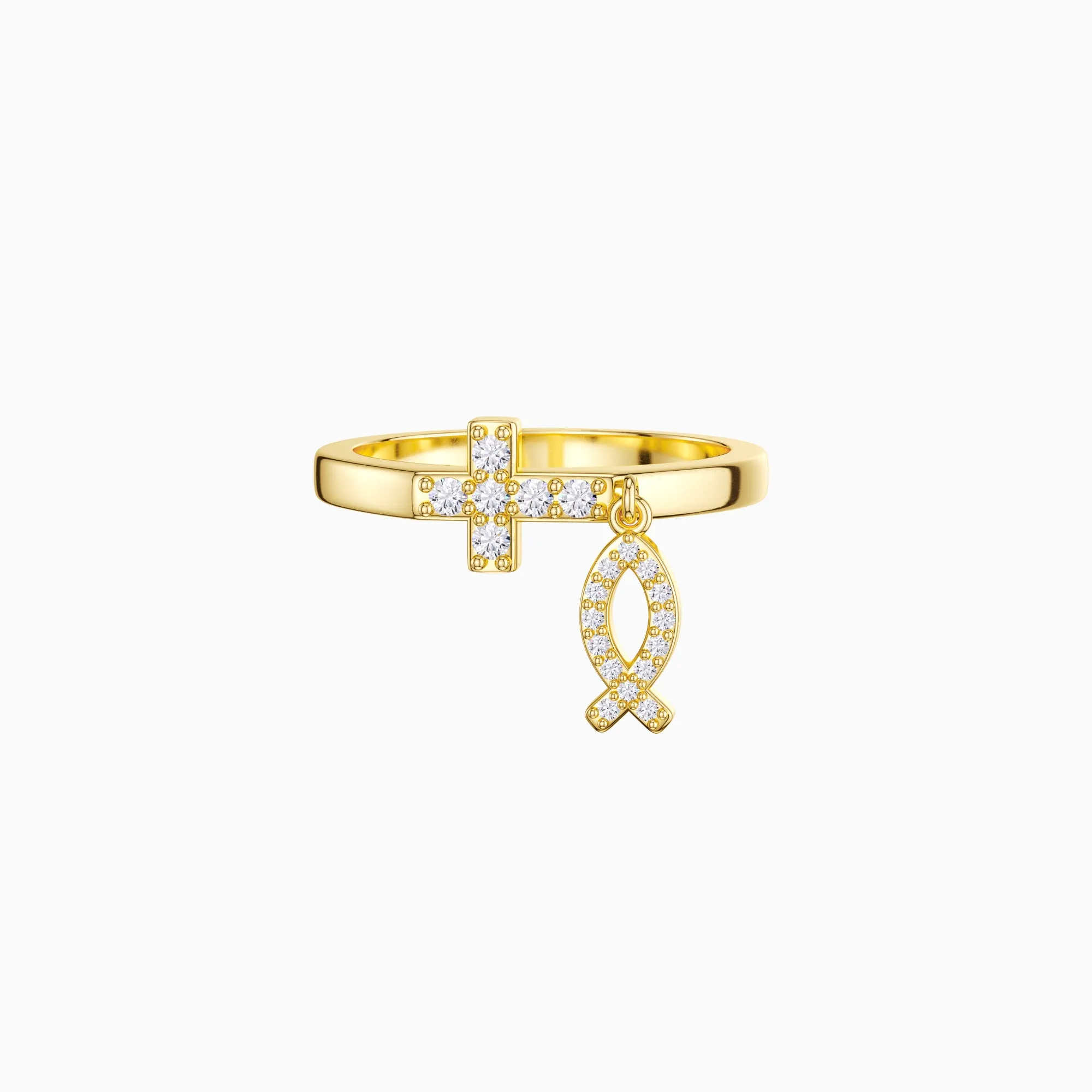Dangling Ichthys Cross Ring sold by Vanimy Jewelry