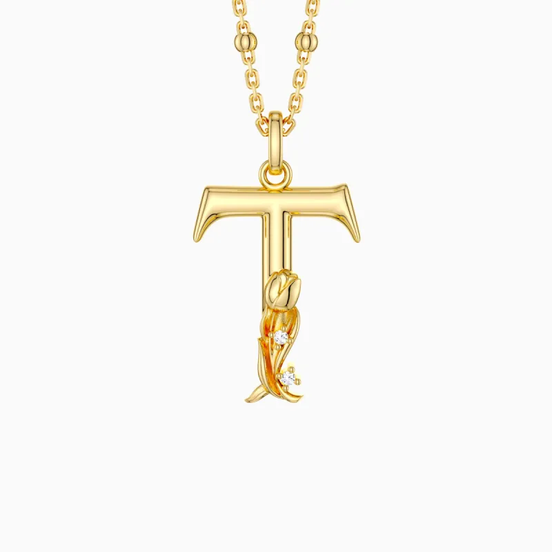 Tulip Blossom Letter T Pendant Necklace sold by Vanimy Jewelry