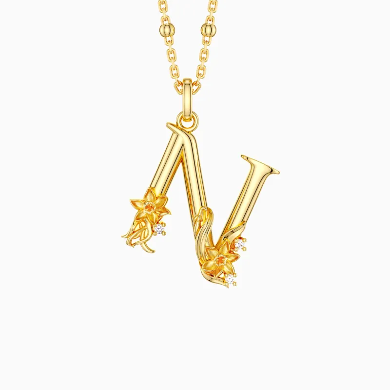 Narcissus Flower Blossom Letter N Pendant Necklace sold by Vanimy Jewelry