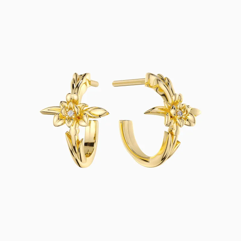 Floral Cross February Iris Birth Flower Half Hoop Stud Earrings sold by Vanimy Jewelry