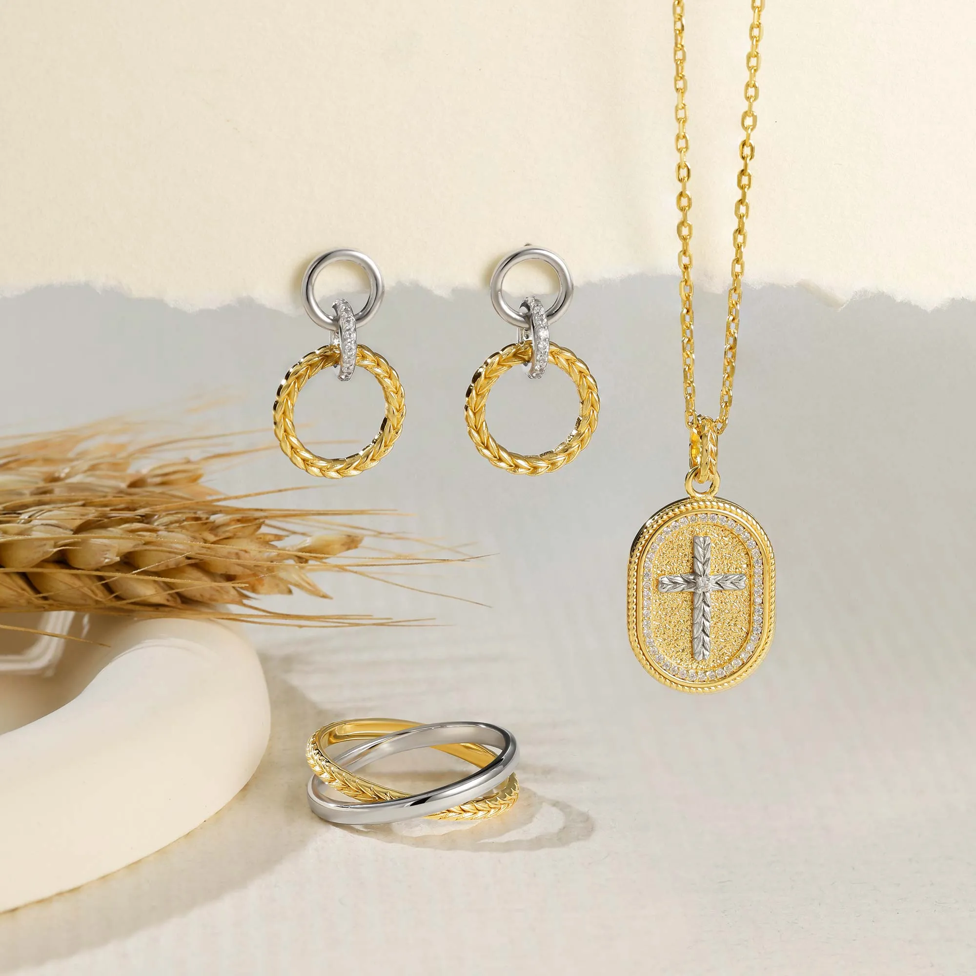 Two-Tone Manna Interlocking Halo Stud Earrings sold by Vanimy Jewelry product image thumbnail 3