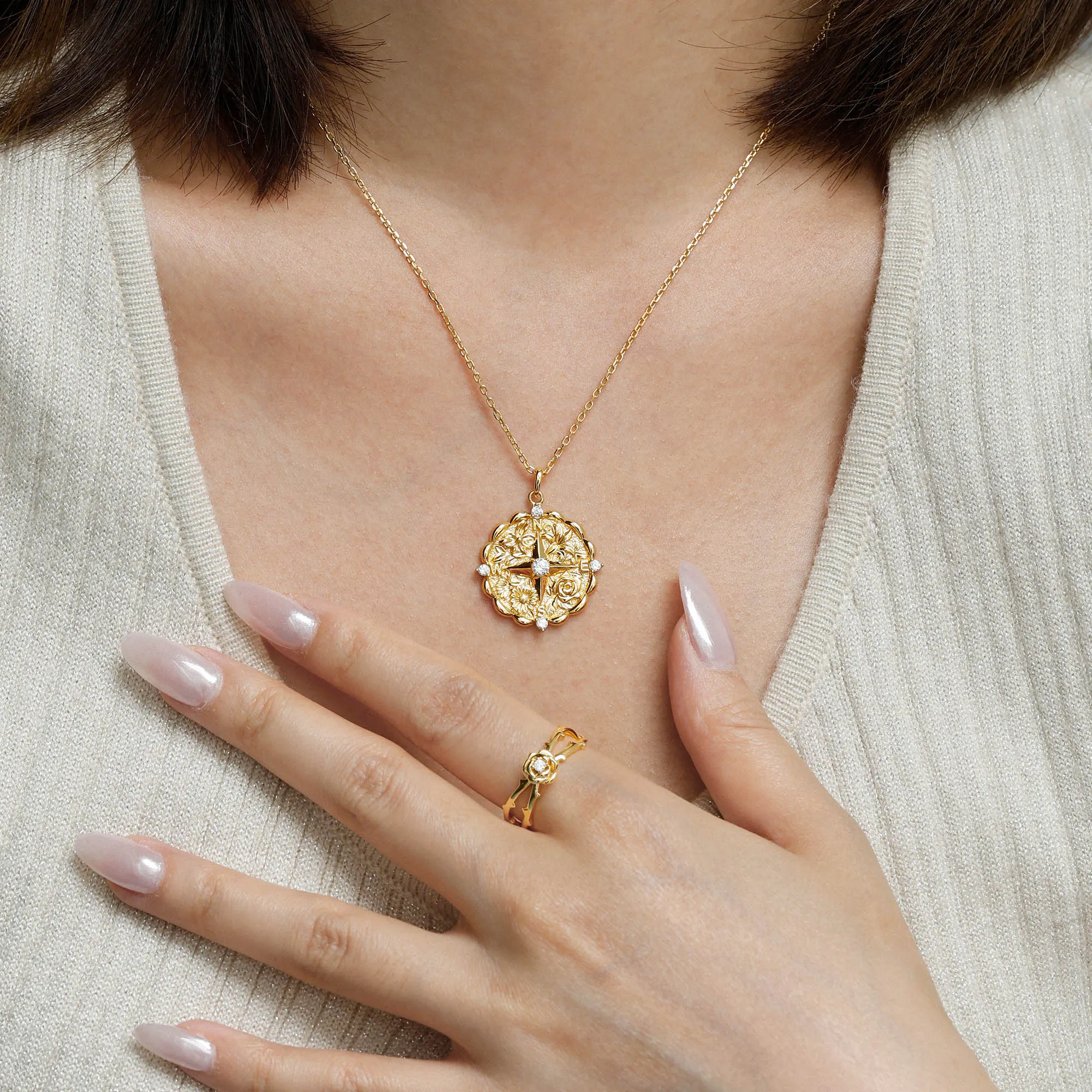 Personalized Floral Blessing Compass Medallion Necklace sold by Vanimy Jewelry product image thumbnail 5