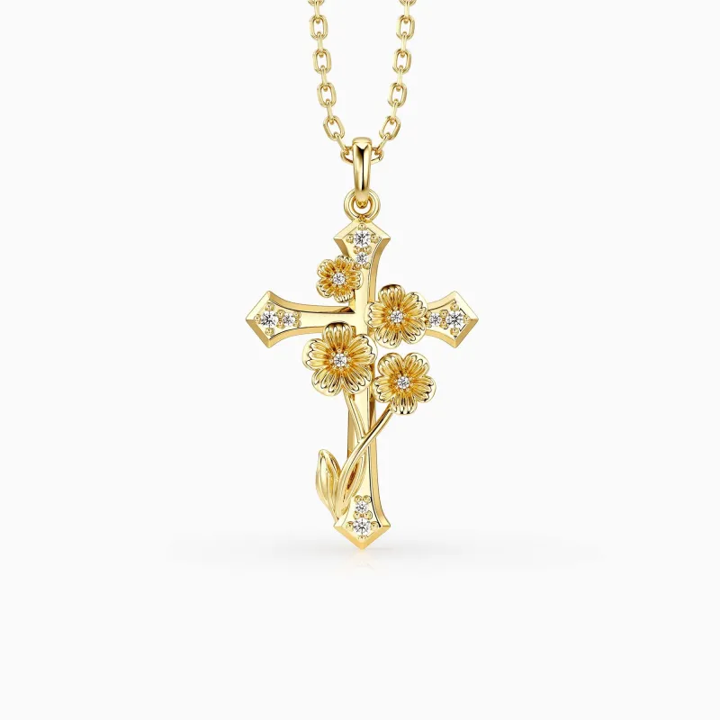 Forget-Me-Not Floral Cross Necklace sold by Vanimy Jewelry