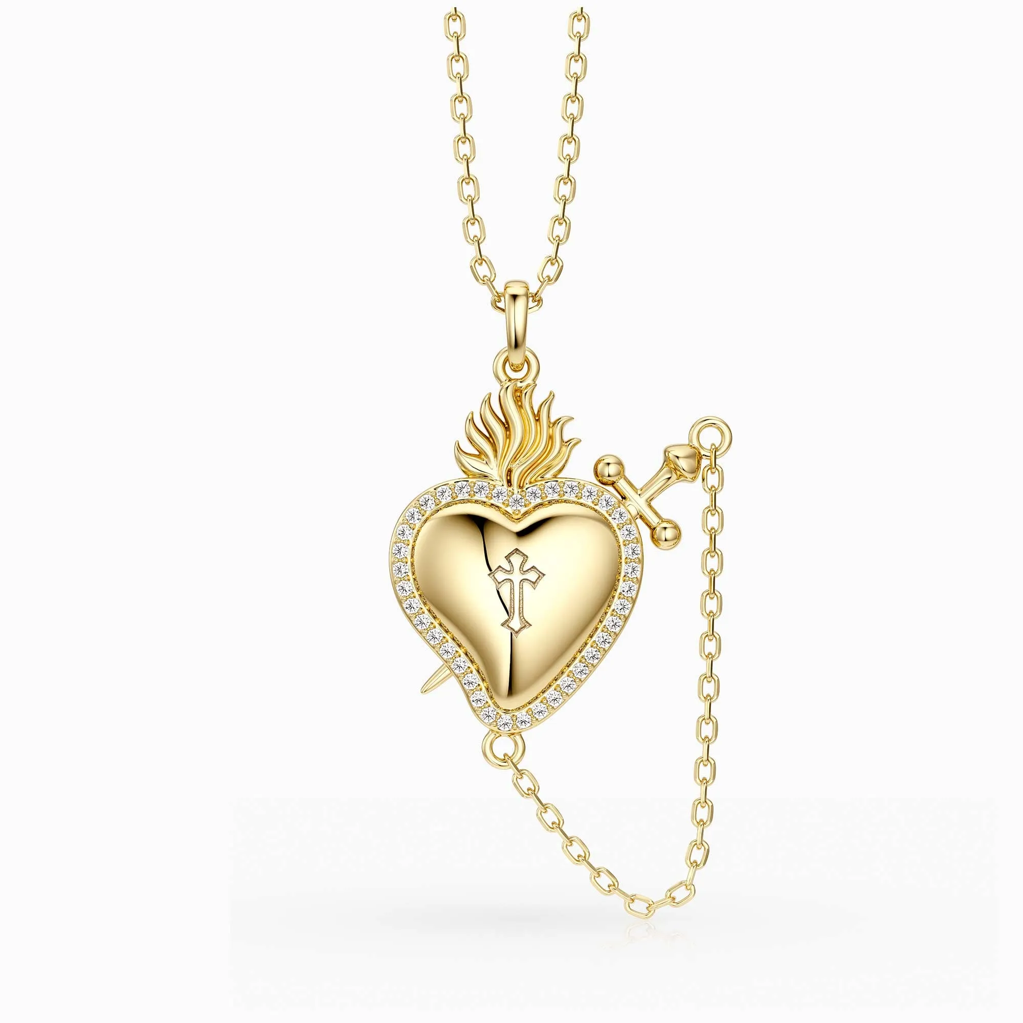 Flaming Heart with Dagger Necklace sold by Vanimy Jewelry