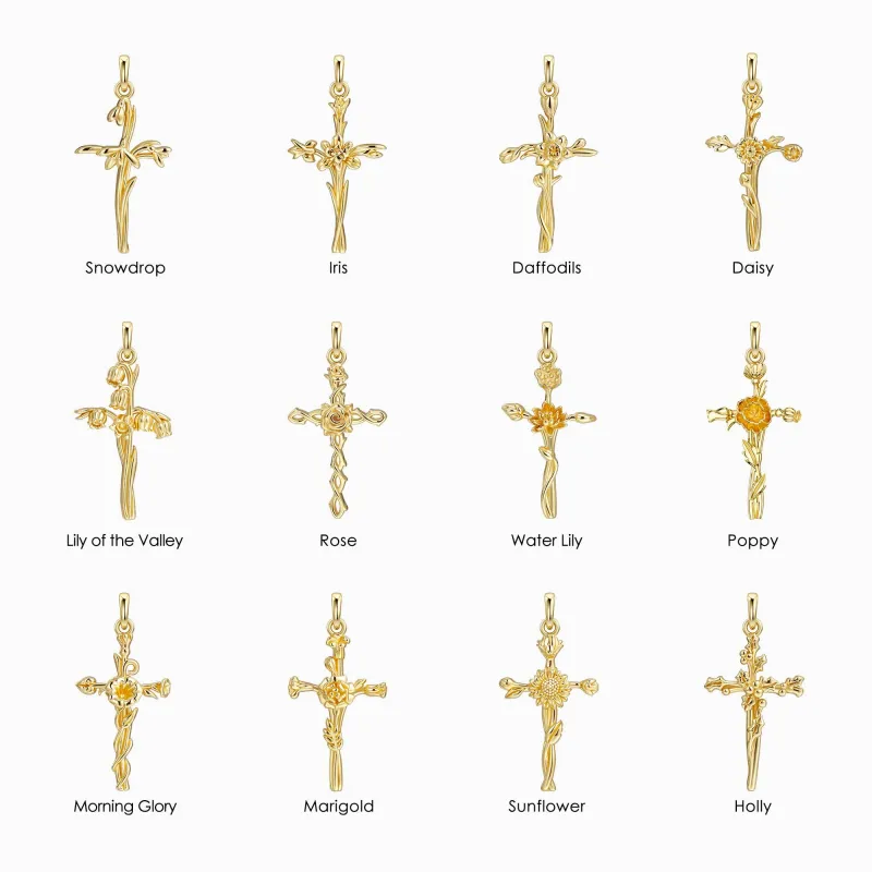 14K Solid Gold Birth Flower Cross Fine Pendant sold by Vanimy Jewelry