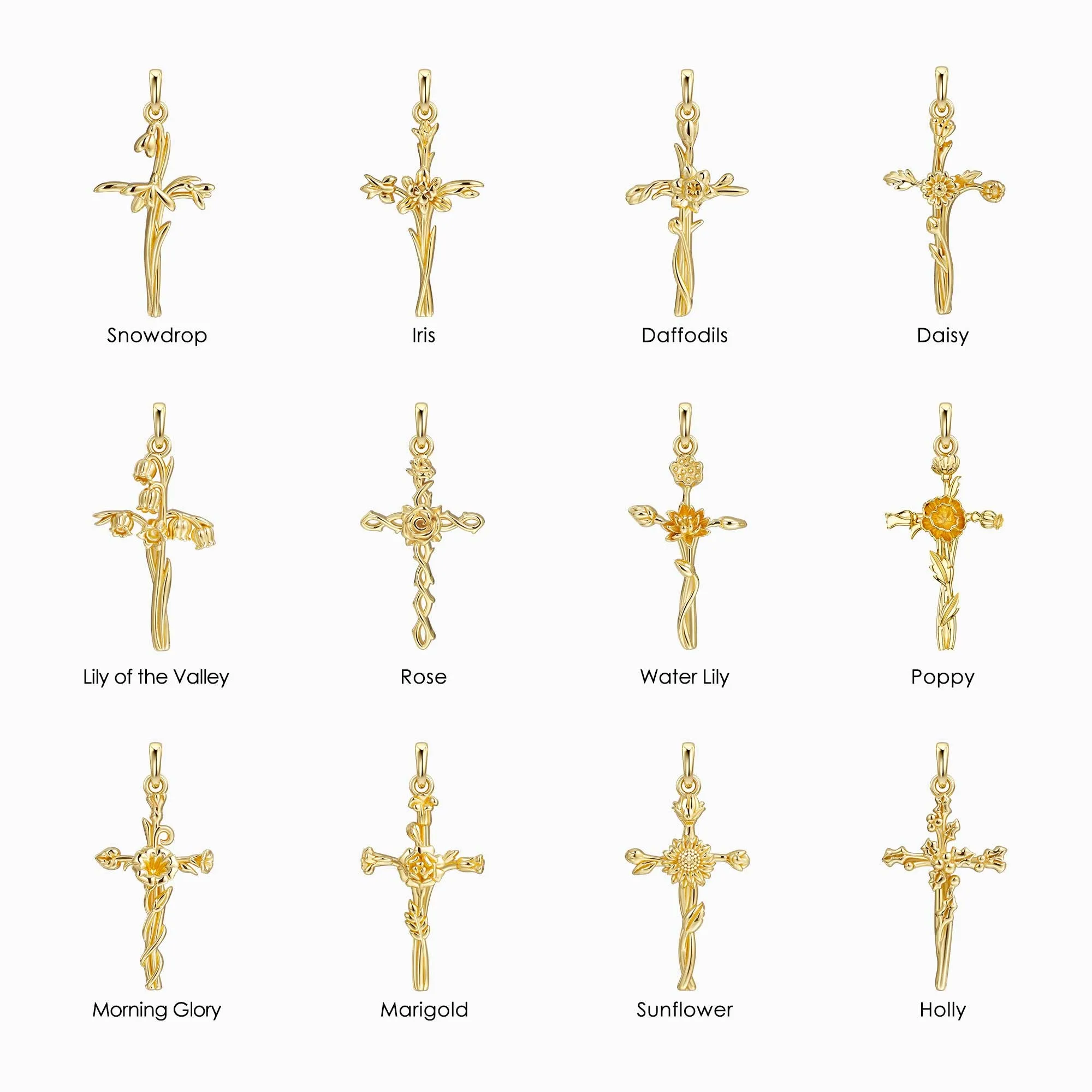 14K Solid Gold Birth Flower Cross Fine Pendant sold by Vanimy Jewelry