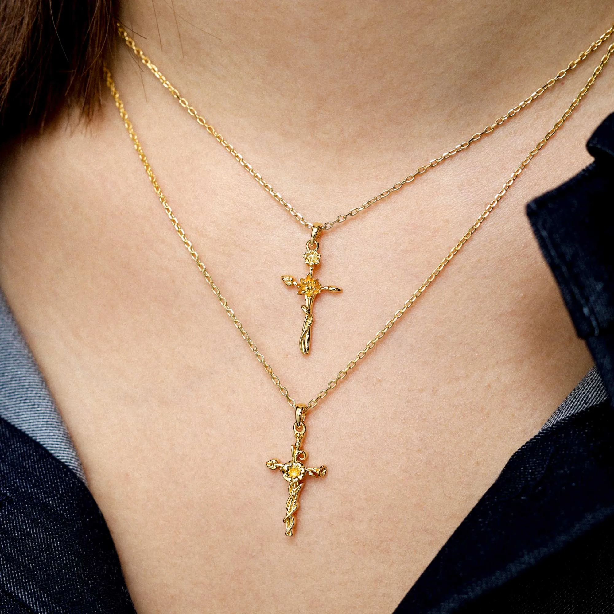 14K Solid Gold Birth Flower Cross Fine Pendant sold by Vanimy Jewelry product image thumbnail 2