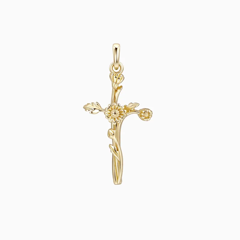 14K Solid Gold Daisy Floral Cross Pendant sold by Vanimy Jewelry
