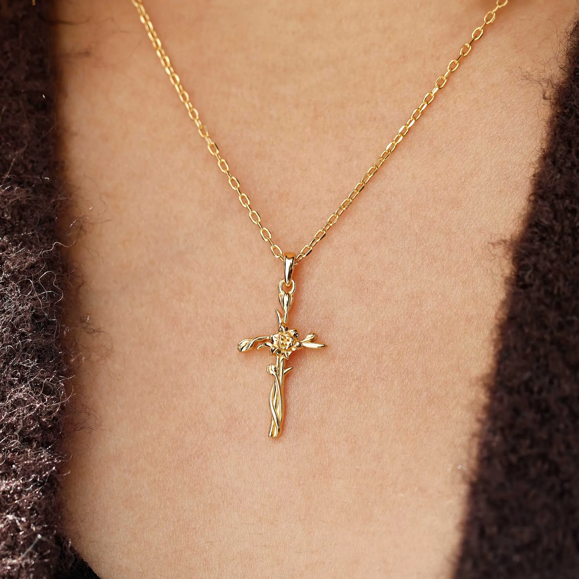 14K Solid Gold Daffodil Floral Cross Pendant sold by Vanimy Jewelry product image thumbnail 2