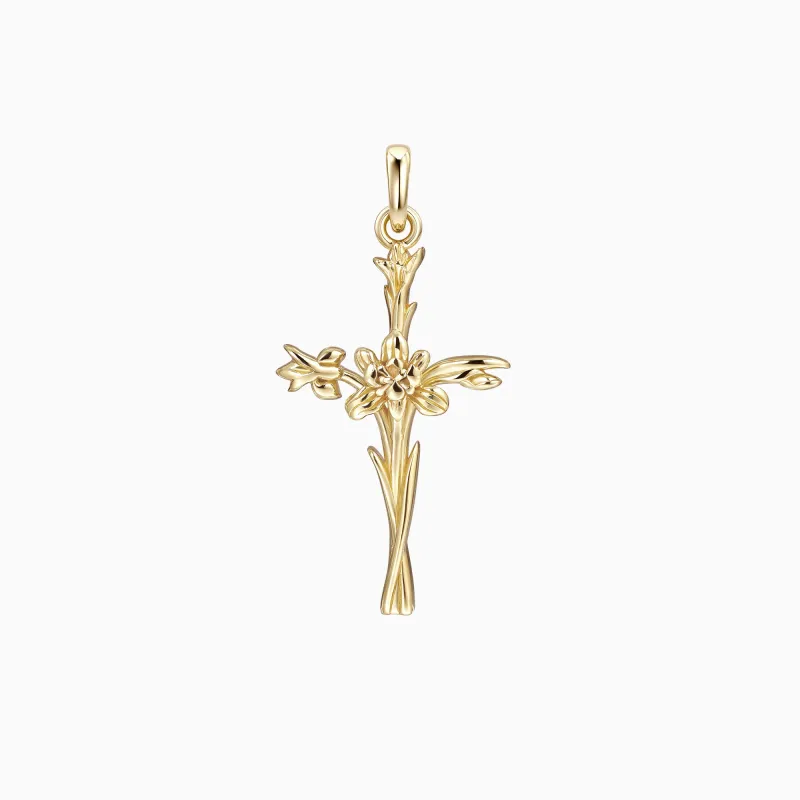 14K Solid Gold Iris Floral Cross Pendant sold by Vanimy Jewelry