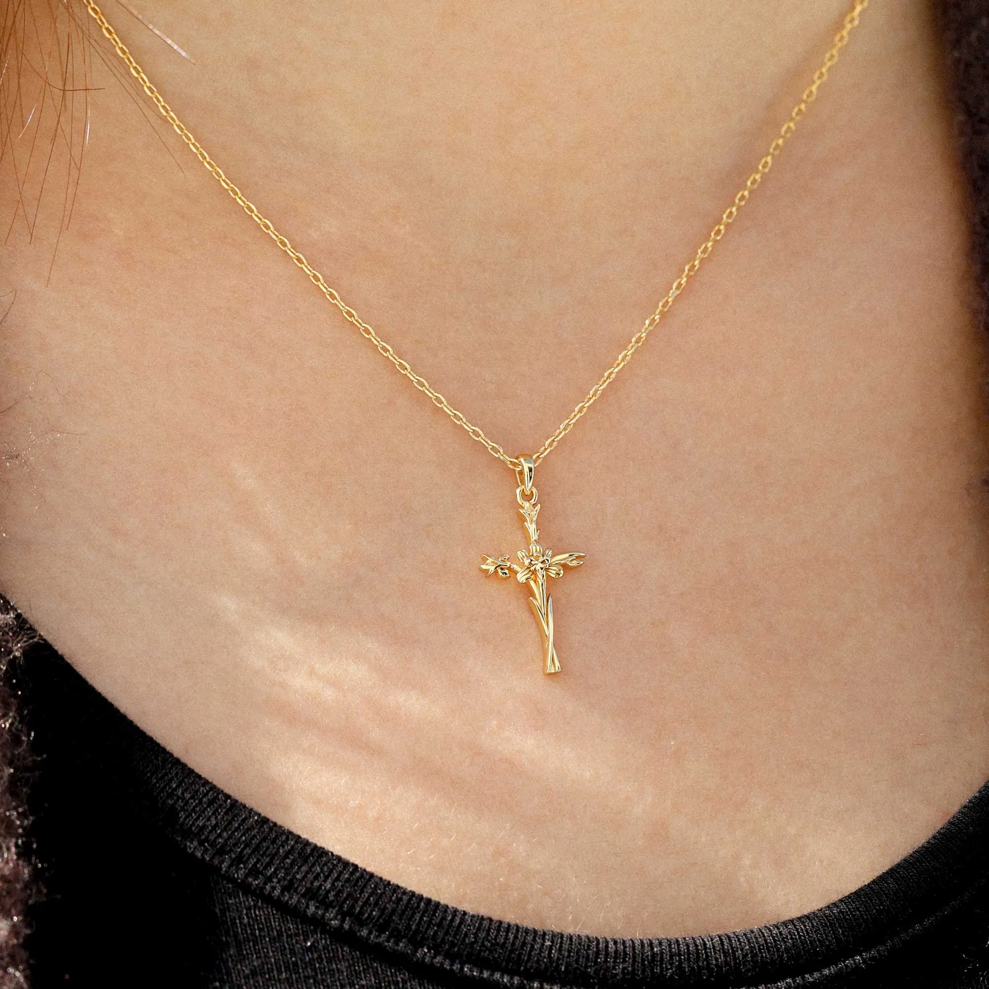 14K Solid Gold Iris Floral Cross Pendant sold by Vanimy Jewelry product image thumbnail 2