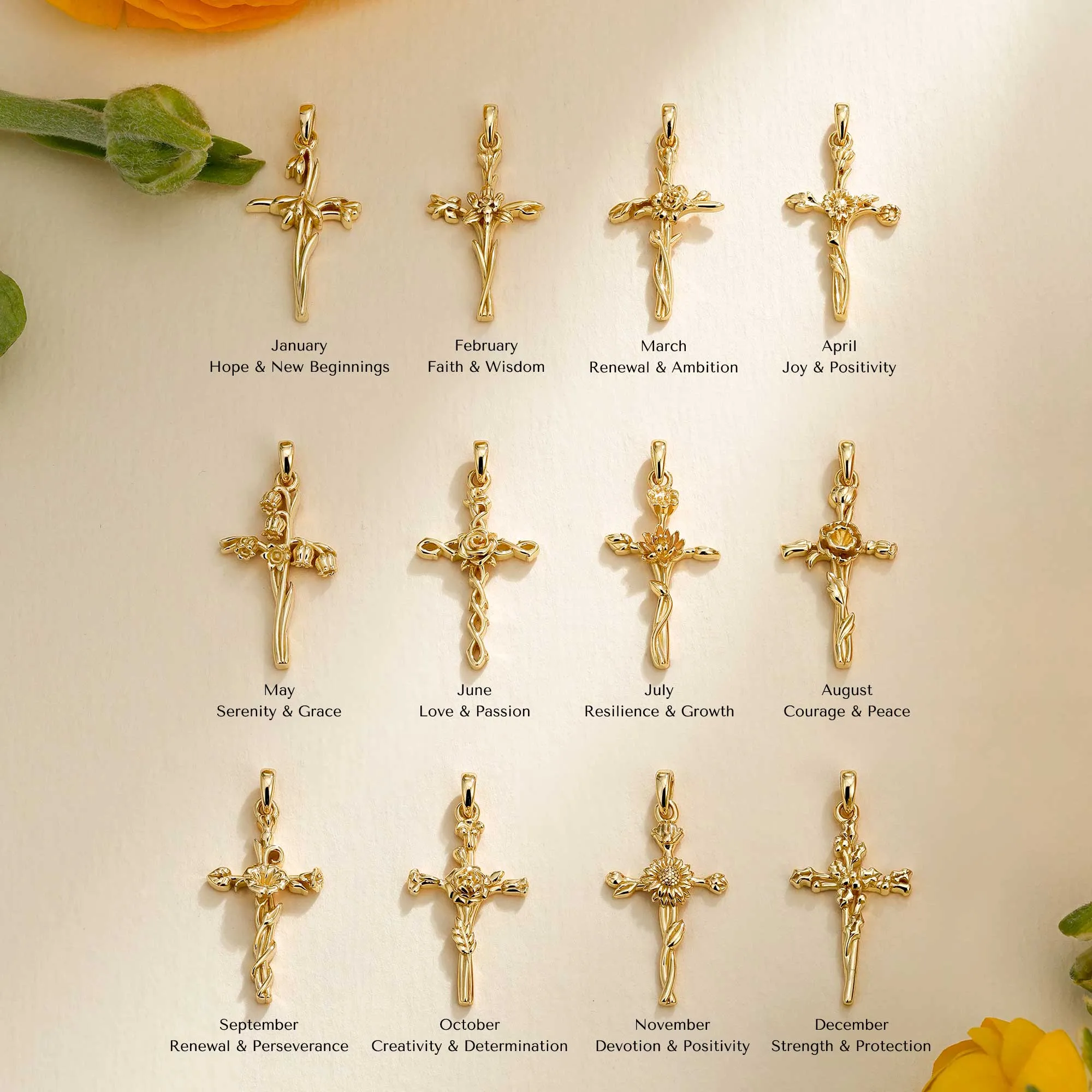 14K Solid Gold Snowdrop Birth Flower Cross Pendant sold by Vanimy Jewelry product image thumbnail 3