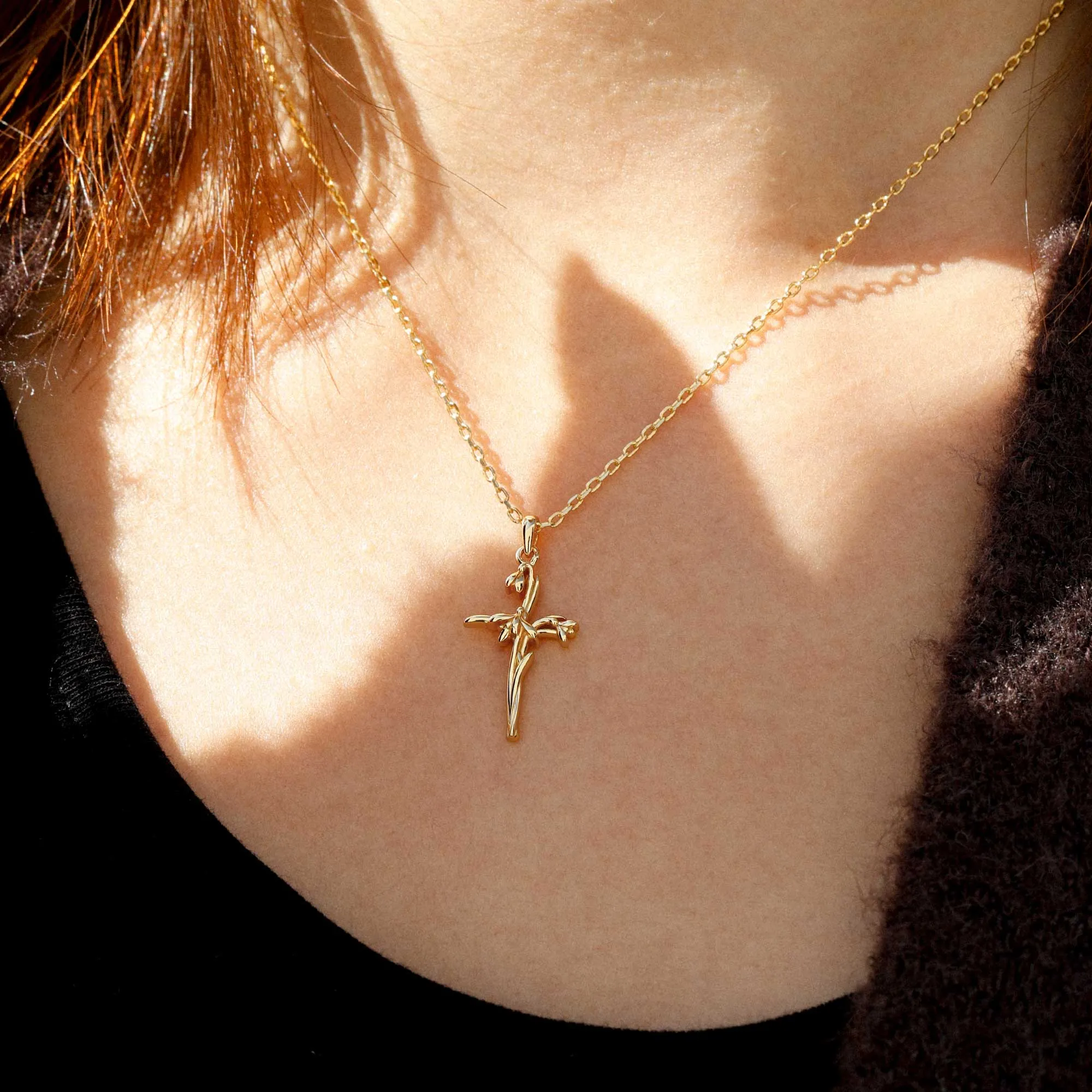 14K Solid Gold Snowdrop Birth Flower Cross Pendant sold by Vanimy Jewelry product image thumbnail 2