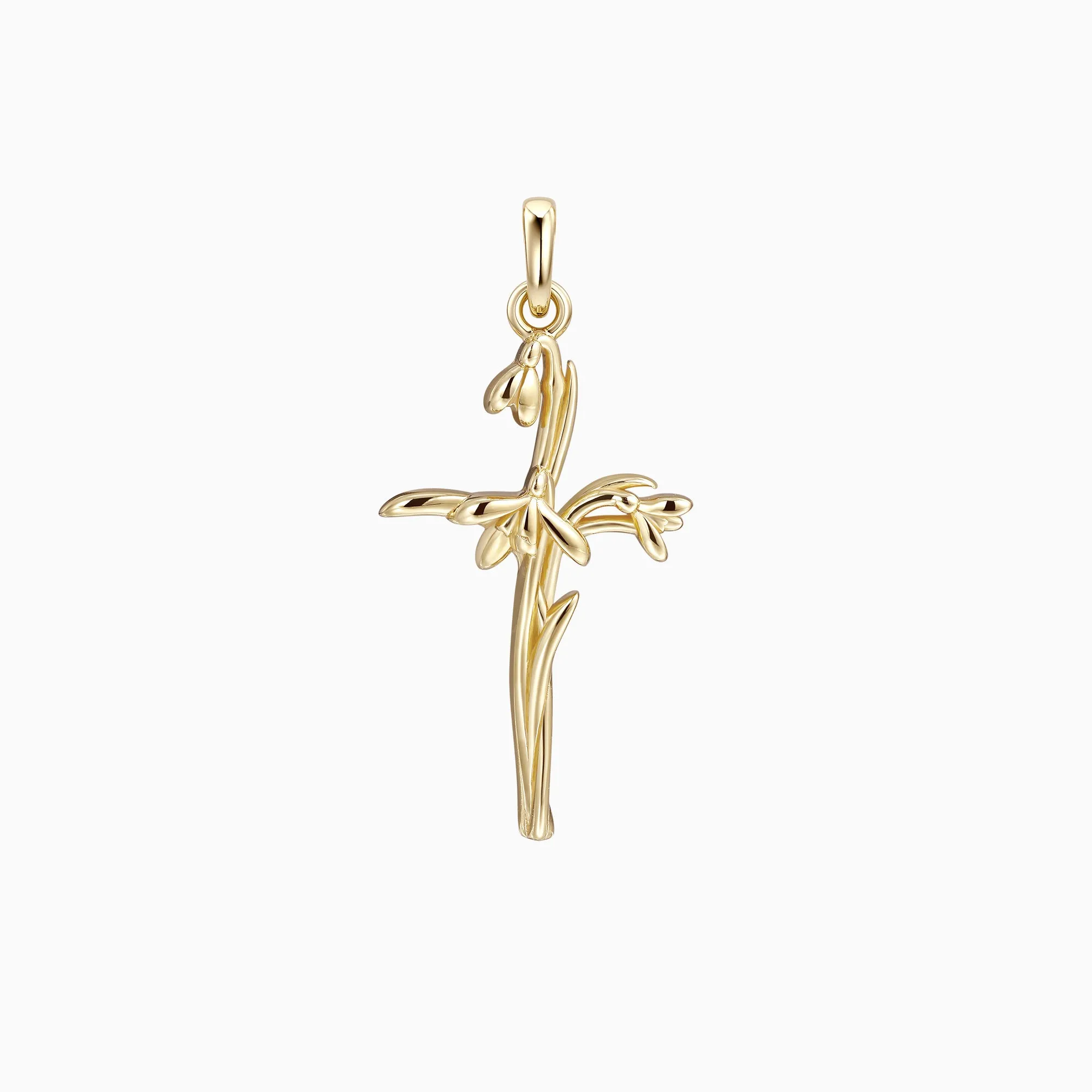 14K Solid Gold Snowdrop Birth Flower Cross Pendant sold by Vanimy Jewelry