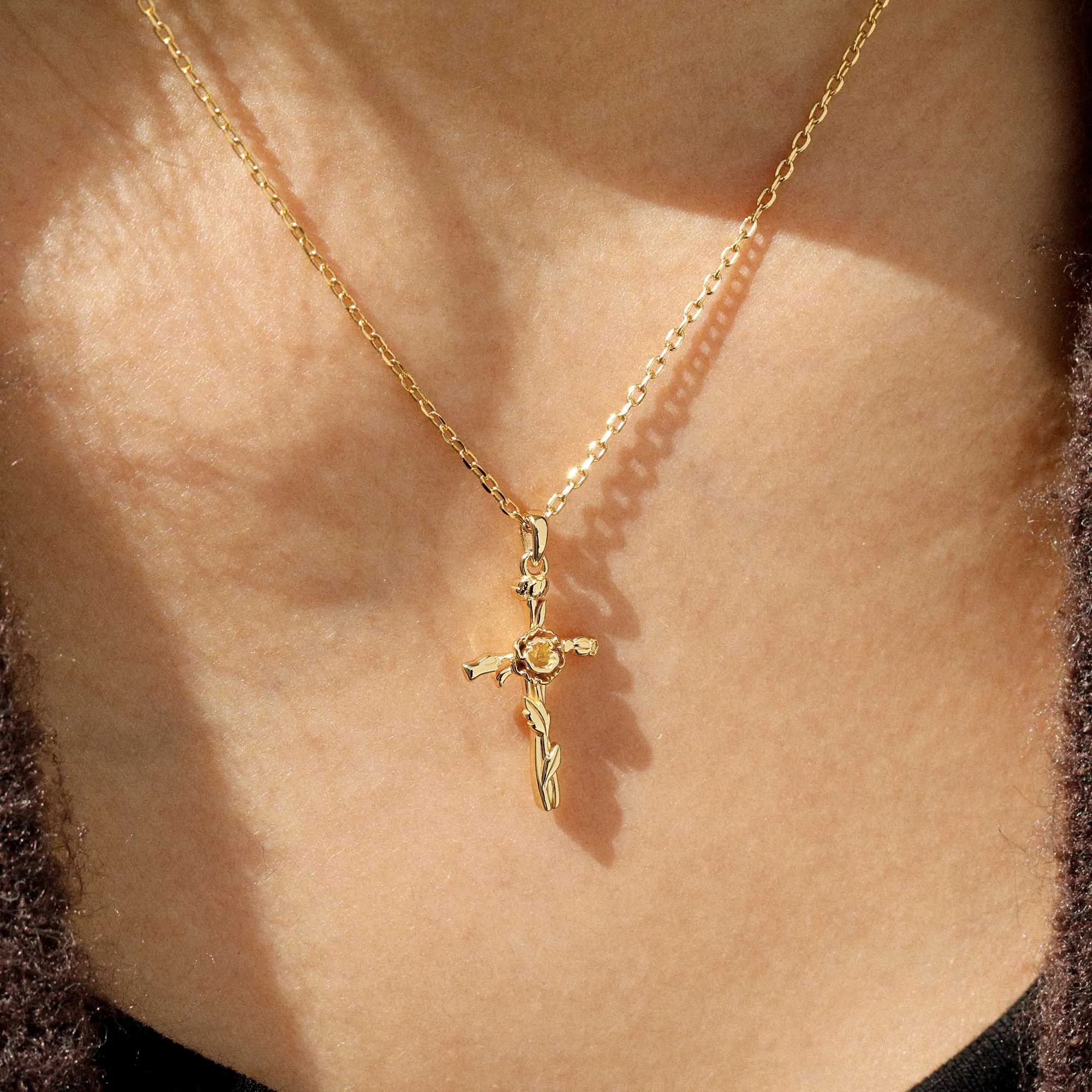 14K Solid Gold Poppy Floral Cross Pendant sold by Vanimy Jewelry product image thumbnail 2