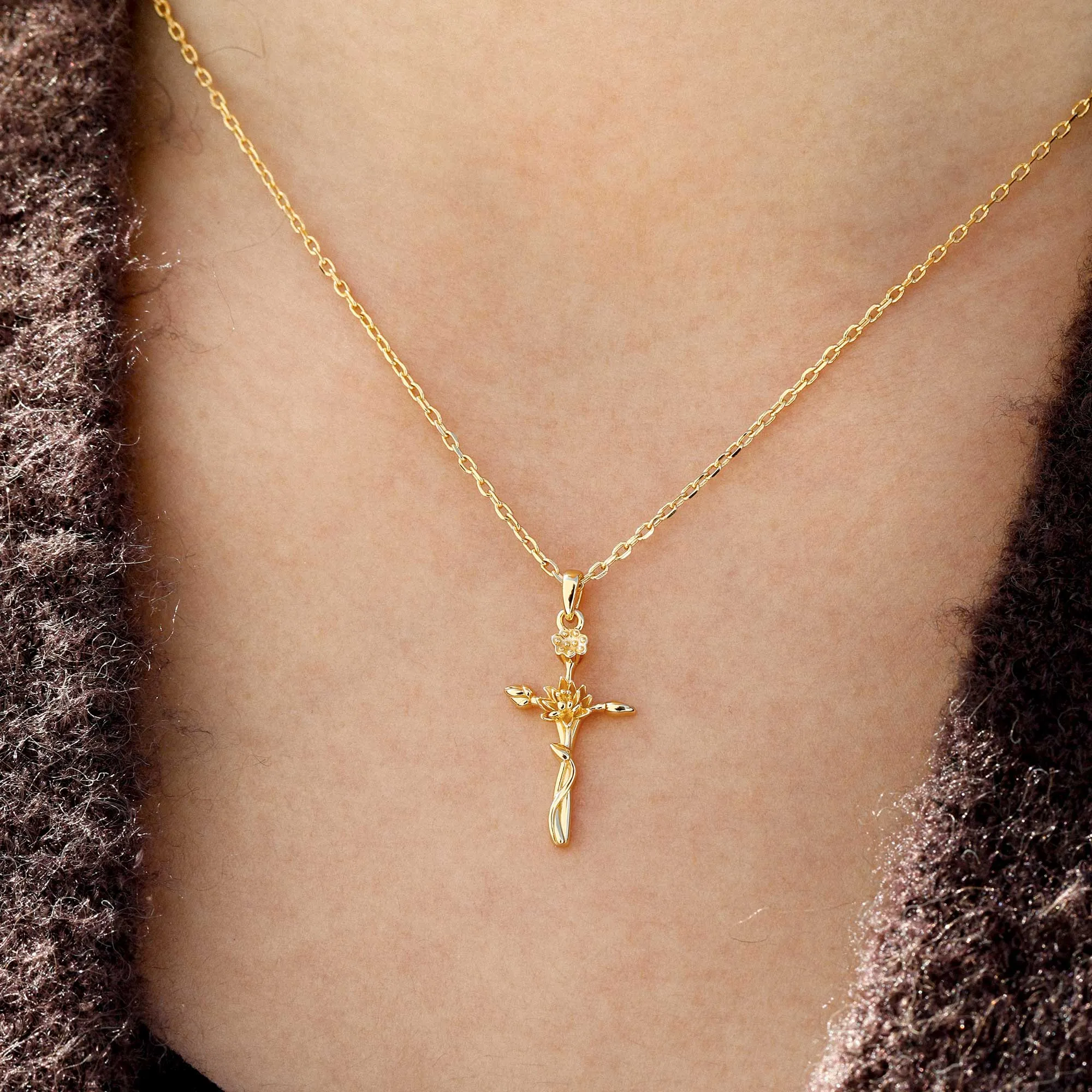 14K Solid Gold Water Lily Floral Cross Pendant sold by Vanimy Jewelry product image thumbnail 2