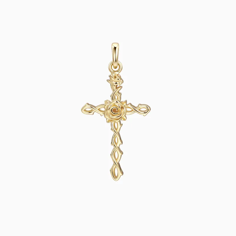 14K Solid Gold Rose Floral Cross Pendant sold by Vanimy Jewelry