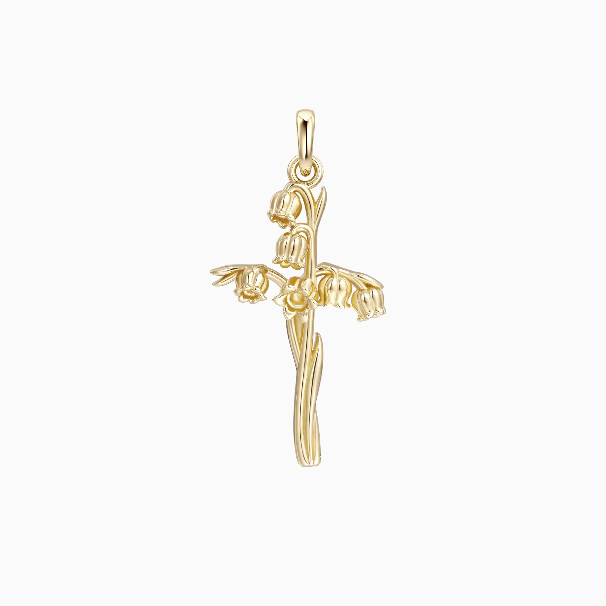 14K Solid Gold Lily of the Valley Floral Cross Pendant sold by Vanimy Jewelry
