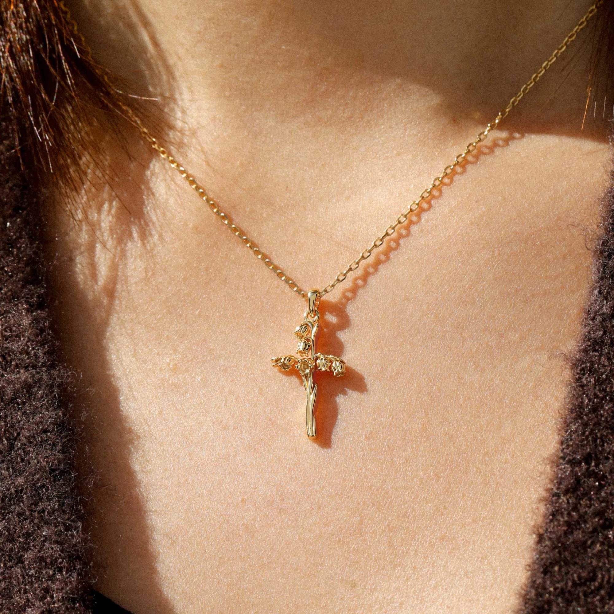 14K Solid Gold Lily of the Valley Floral Cross Pendant sold by Vanimy Jewelry product image thumbnail 3