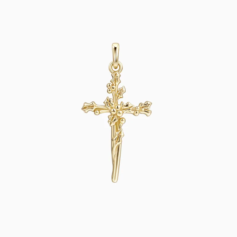 14K Solid Gold Holly Floral Cross Pendant sold by Vanimy Jewelry