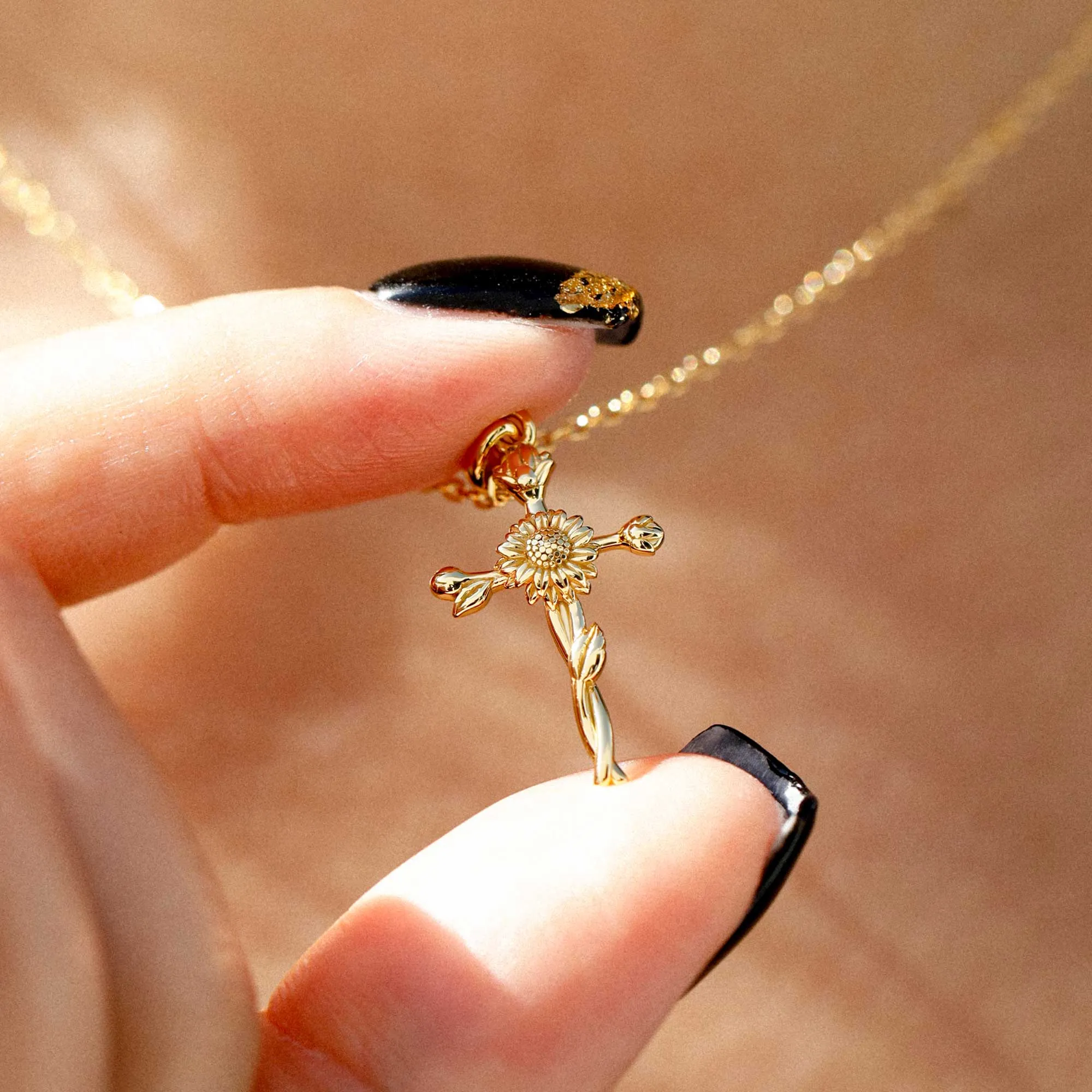 14K Solid Gold Sunflower Floral Cross Pendant sold by Vanimy Jewelry product image thumbnail 4