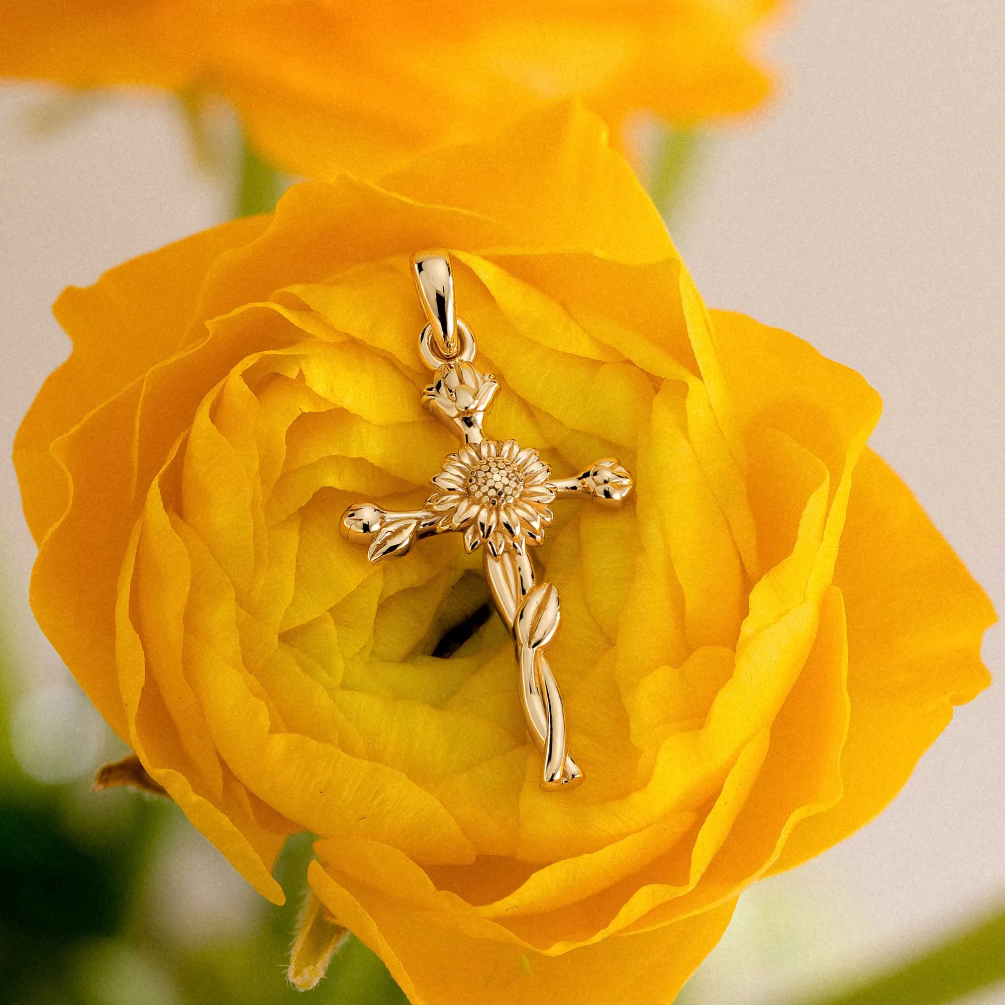 14K Solid Gold Sunflower Floral Cross Pendant sold by Vanimy Jewelry product image thumbnail 2