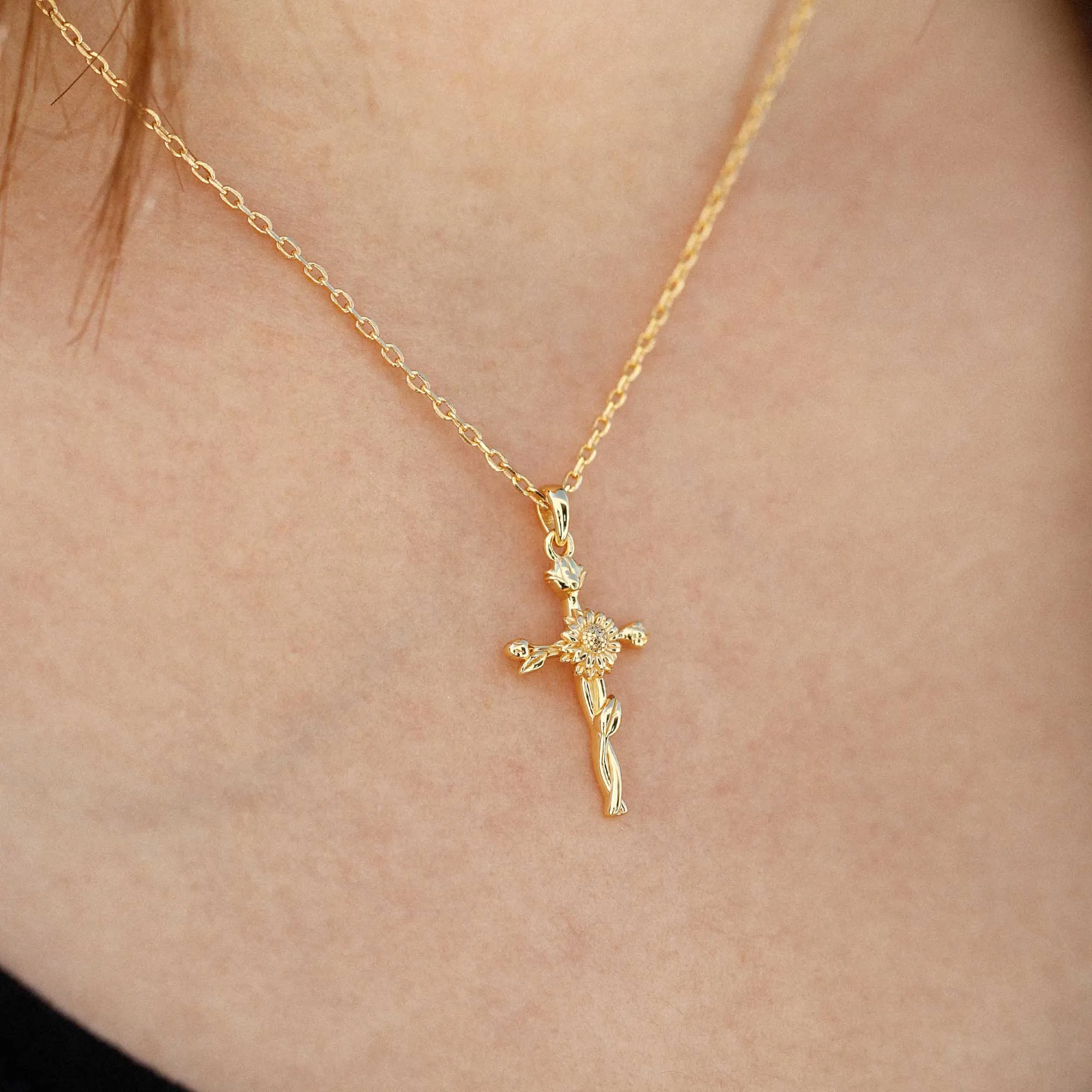 14K Solid Gold Sunflower Floral Cross Pendant sold by Vanimy Jewelry product image thumbnail 3