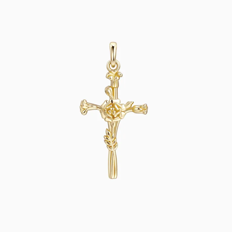14K Solid Gold Marigold Floral Cross Pendant sold by Vanimy Jewelry