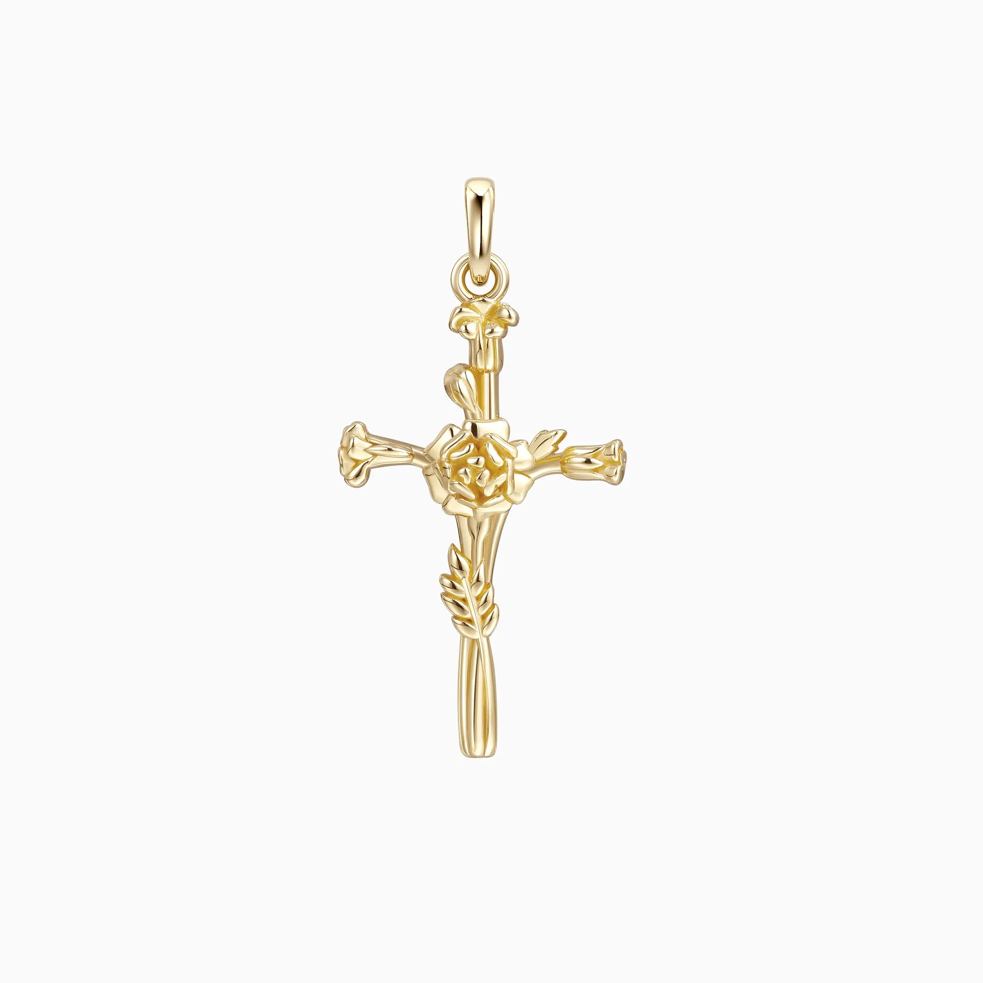 14K Solid Gold Marigold Floral Cross Pendant sold by Vanimy Jewelry