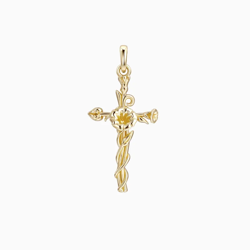 14K Solid Gold Morning Glory Floral Cross Pendant sold by Vanimy Jewelry
