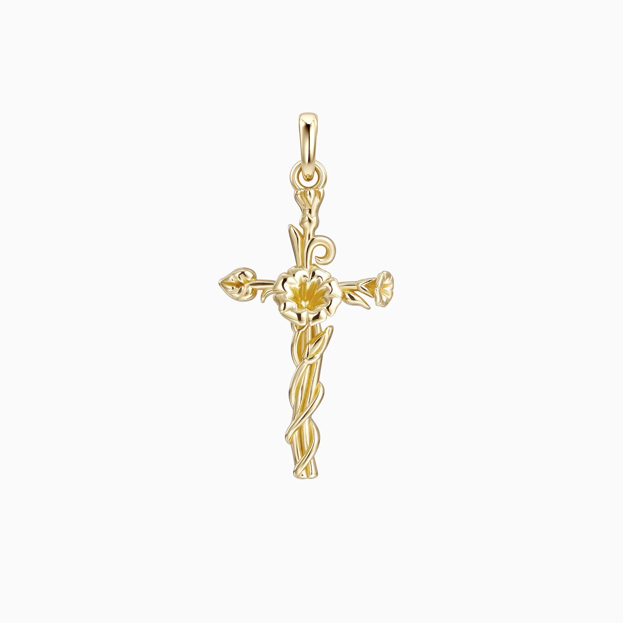 14K Solid Gold Morning Glory Floral Cross Pendant sold by Vanimy Jewelry