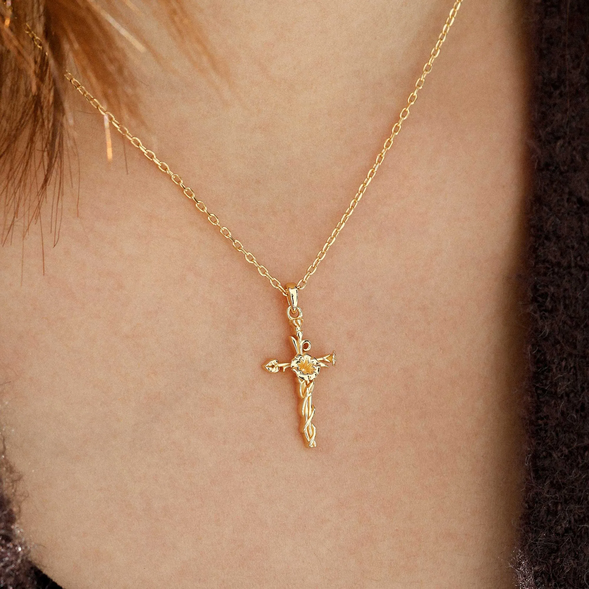 14K Solid Gold Morning Glory Floral Cross Pendant sold by Vanimy Jewelry product image thumbnail 3